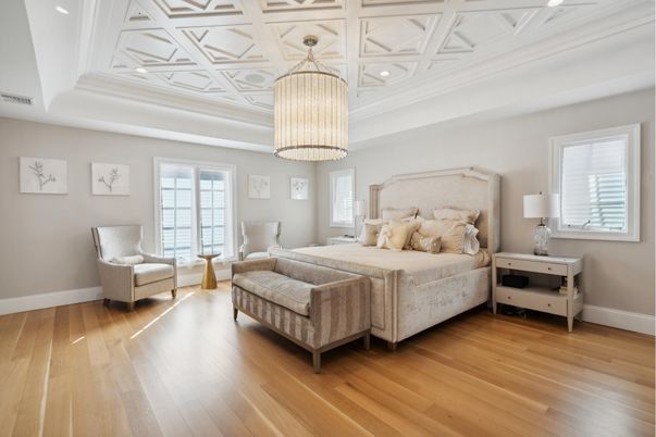 Bedroom, Chandelier, Interior, Recessed Lighting, Wood Texture Flooring