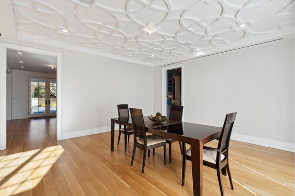 Dining room, Interior, Recessed Lighting, Wood Texture Flooring