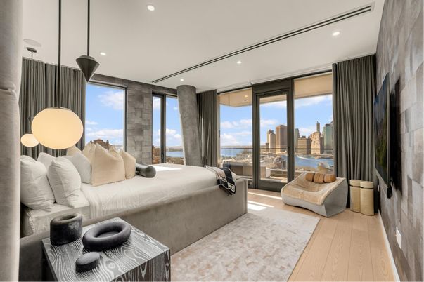 Bedroom, Interior, Pendant Lights, Recessed Lighting, Water, Wood Texture Flooring