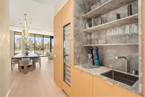 Dining room, Interior, Pendant Lights, Recessed Lighting, Wood Texture Flooring