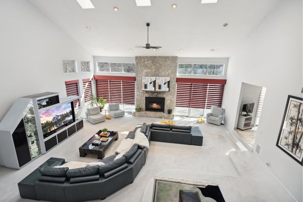 Fireplace, Interior, Living room, Recessed Lighting, Stone Walls