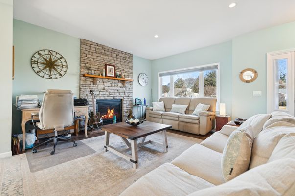 Fireplace, Home Office, Interior, Living room, Recessed Lighting, Stone Walls