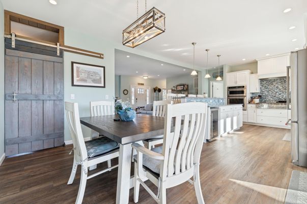 Dining room, Interior, Kitchen, Pendant Lights, Recessed Lighting, Wood Texture Flooring