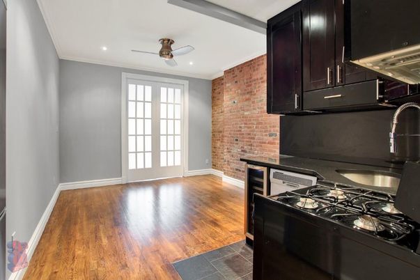 Interior, Kitchen, Recessed Lighting, Stone Walls, Wood Texture Flooring