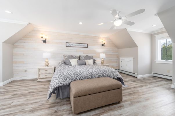 Bedroom, Interior, Recessed Lighting, Wood Texture Flooring, Wooden Walls