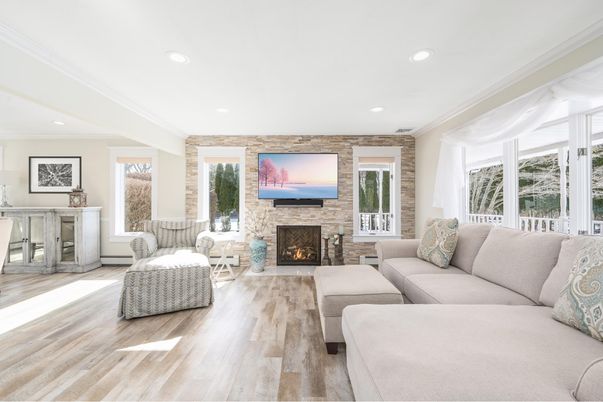 Fireplace, Interior, Living room, Recessed Lighting, Stone Walls, Wood Texture Flooring