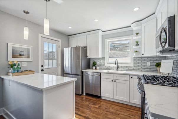 Interior, Kitchen, Pendant Lights, Recessed Lighting, Stainless Steel Appliances, Wood Texture Flooring