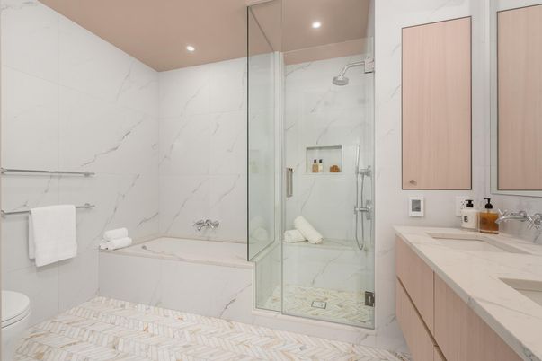 Bathroom, Glass Shower, Interior, Marble Walls, Recessed Lighting