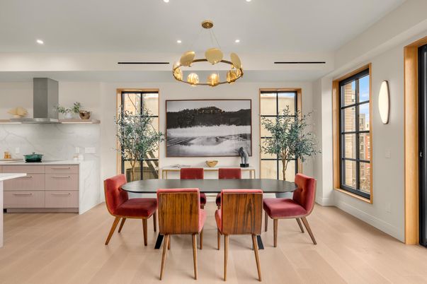 Dining room, Interior, Pendant Lights, Recessed Lighting, Wood Texture Flooring