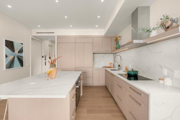Interior, Kitchen, Marble Walls, Recessed Lighting, Wood Texture Flooring
