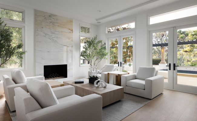 Fireplace, Interior, Living room, Marble Walls, Recessed Lighting, Wood Texture Flooring