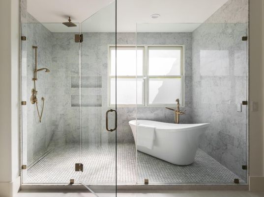 Bathroom, Free Standing Baths, Glass Shower, Interior, Marble Walls, Recessed Lighting