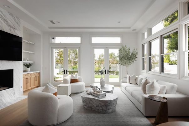 Fireplace, Interior, Living room, Marble Walls, Recessed Lighting, Wood Texture Flooring