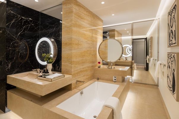Bathroom, Dual Sink Vanities, Interior, Marble Walls, Recessed Lighting