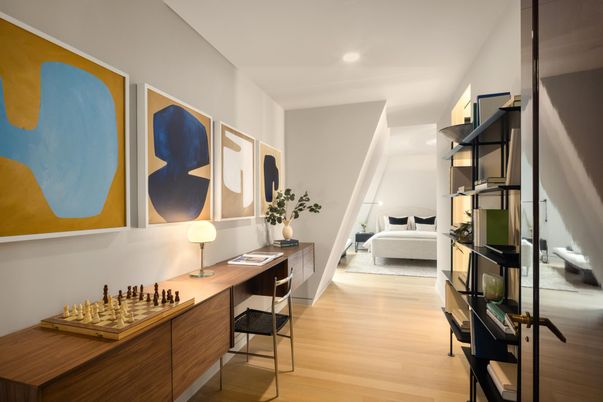 Bedroom, Home Office, Interior, Recessed Lighting, Wood Texture Flooring