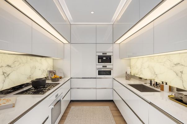 Interior, Kitchen, Marble Walls, Recessed Lighting, Wood Texture Flooring