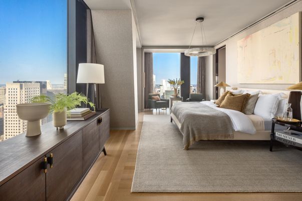 Bedroom, Interior, Pendant Lights, Wood Texture Flooring