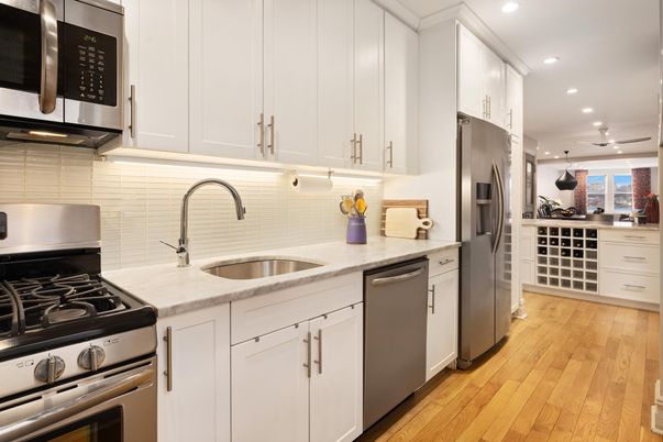 Interior, Kitchen, Recessed Lighting, Stainless Steel Appliances, Wood Texture Flooring