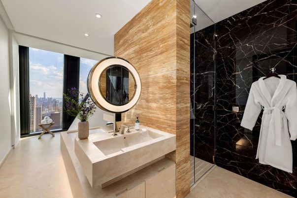 Bathroom, Interior, Marble Walls, Recessed Lighting