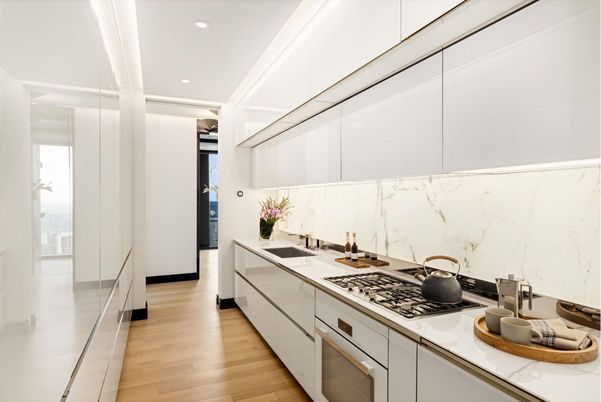 Interior, Kitchen, Marble Walls, Recessed Lighting, Wood Texture Flooring