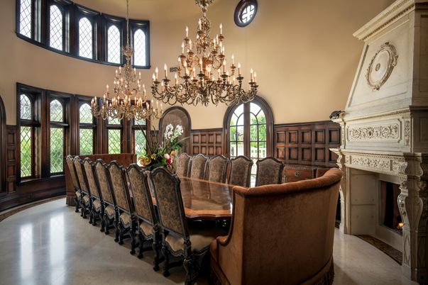 Chandelier, Dining room, Fireplace, Interior