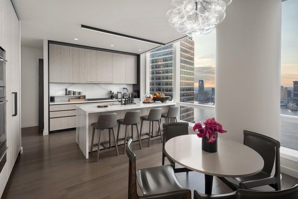Chandelier, Dining room, Interior, Kitchen, Recessed Lighting, Stainless Steel Appliances, Wood Texture Flooring
