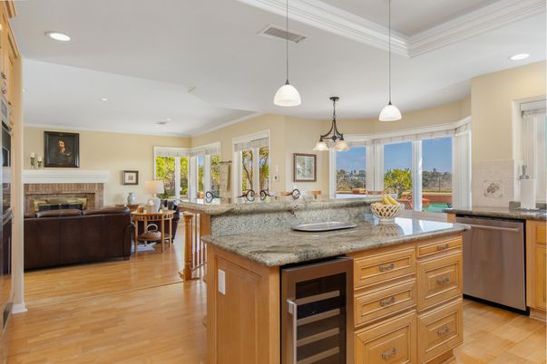 Fireplace, Interior, Kitchen, Living room, Pendant Lights, Recessed Lighting, Wood Texture Flooring