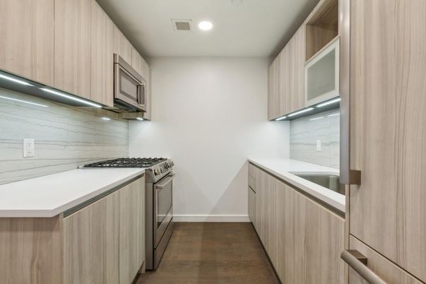 Interior, Kitchen, Marble Walls, Recessed Lighting, Wood Texture Flooring