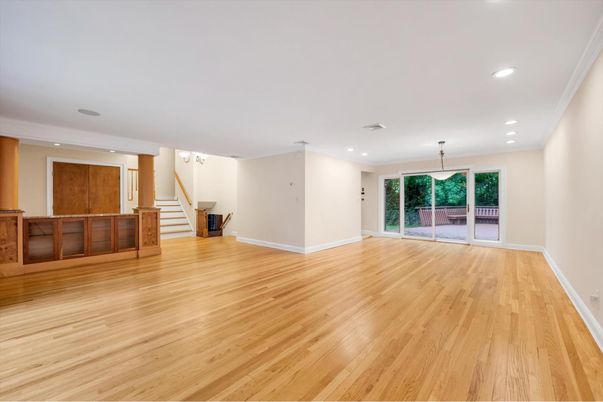 Empty room, Interior, Pendant Lights, Recessed Lighting, Wood Texture Flooring