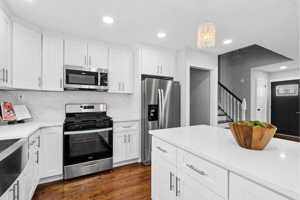Interior, Kitchen, Pendant Lights, Recessed Lighting, Stainless Steel Appliances, Wood Texture Flooring