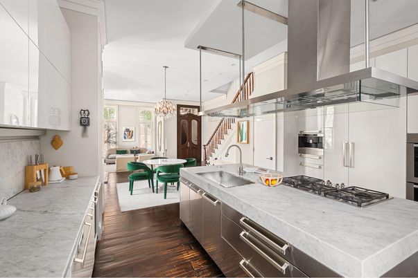 Chandelier, Dining room, Interior, Kitchen, Pendant Lights, Stainless Steel Appliances, Wood Texture Flooring