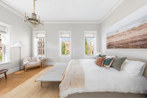 Bedroom, Chandelier, Interior, Recessed Lighting, Wood Texture Flooring