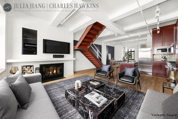 Fireplace, Interior, Kitchen, Living room, Stainless Steel Appliances, Wood Texture Flooring