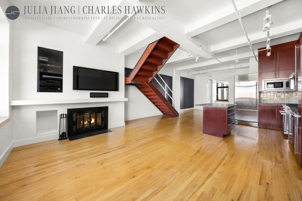 Fireplace, Interior, Kitchen, Stainless Steel Appliances, Wood Texture Flooring