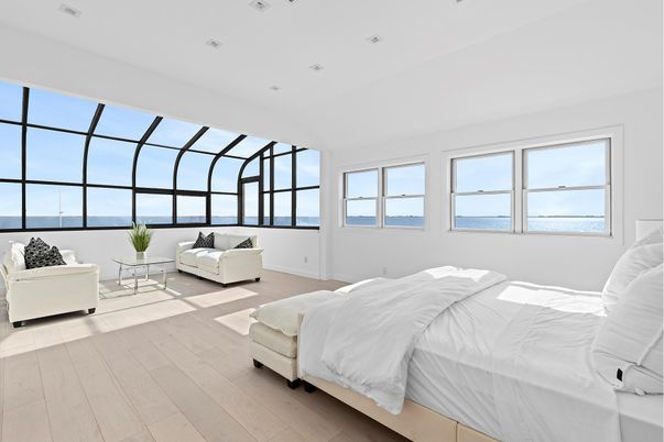 Bedroom, Interior, Recessed Lighting, Water, Wood Texture Flooring