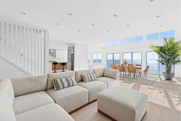 Dining room, Interior, Kitchen, Living room, Recessed Lighting, Water, Wood Texture Flooring