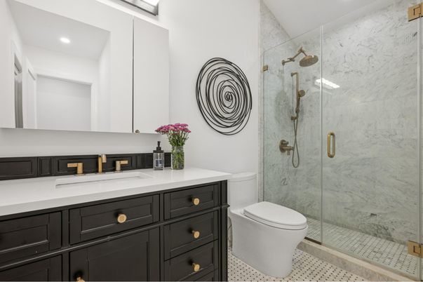 Bathroom, Glass Shower, Interior, Marble Walls, Recessed Lighting