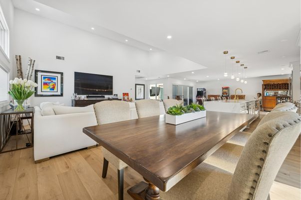 Dining room, Interior, Living room, Pendant Lights, Recessed Lighting, Wood Texture Flooring