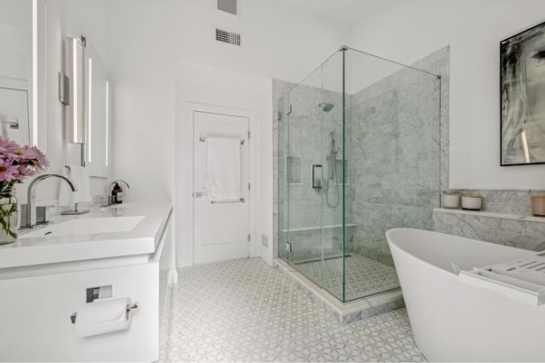 Bathroom, Free Standing Baths, Glass Shower, Interior, Marble Walls
