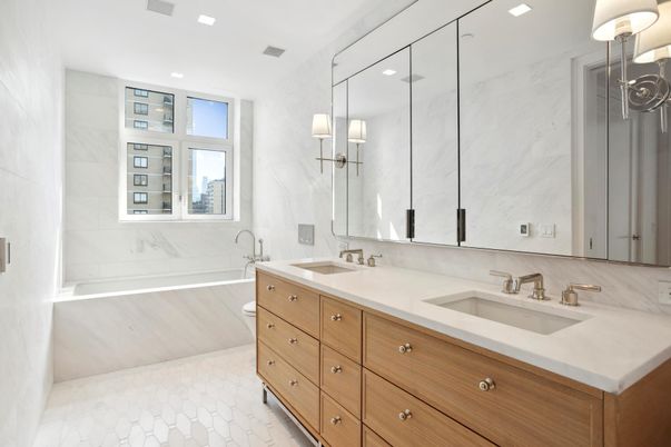 Bathroom, Dual Sink Vanities, Interior, Marble Walls, Recessed Lighting