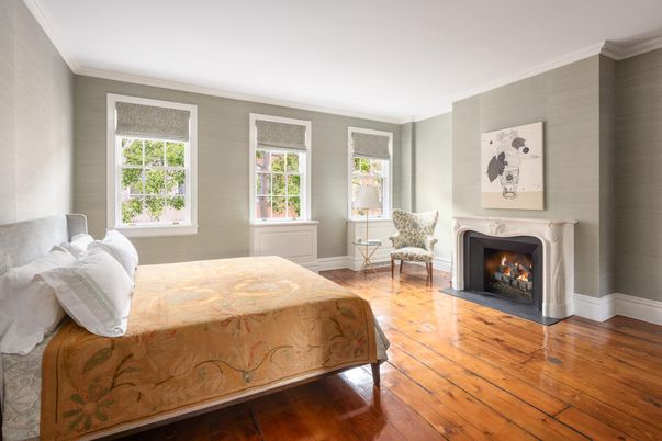 Bedroom, Fireplace, Interior, Wood Texture Flooring