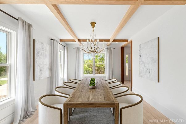 Chandelier, Dining room, Interior, Wooden Beams, Wood Texture Flooring