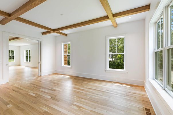 Empty room, Interior, Recessed Lighting, Wooden Beams, Wood Texture Flooring