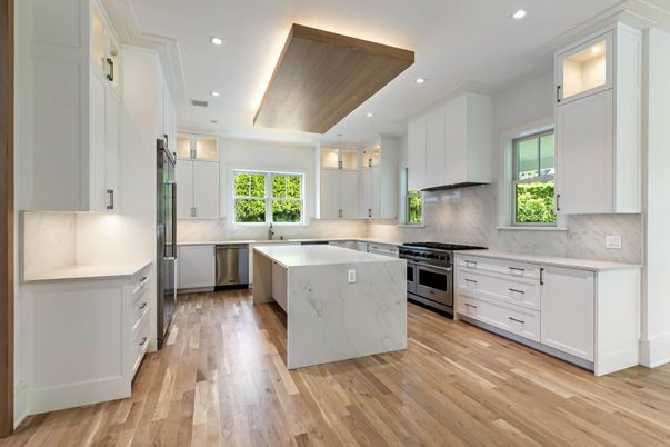 Interior, Kitchen, Marble Walls, Recessed Lighting, Stainless Steel Appliances, Wood Texture Flooring