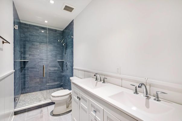 Bathroom, Dual Sink Vanities, Glass Shower, Interior, Recessed Lighting