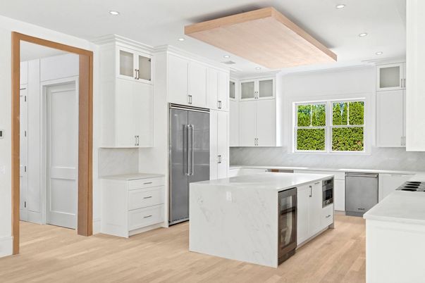 Interior, Kitchen, Recessed Lighting, Stainless Steel Appliances, Wooden Beams, Wood Texture Flooring