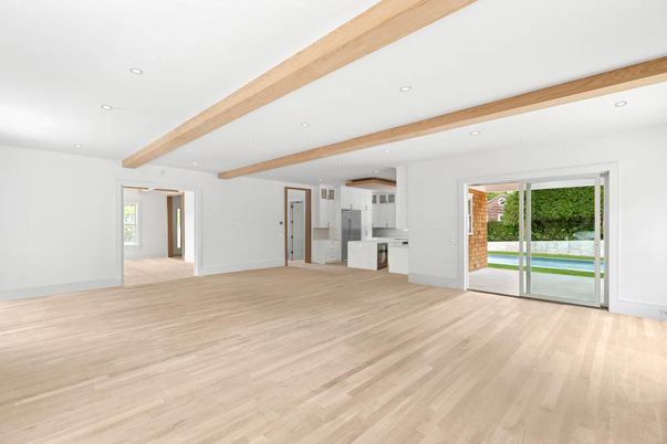 Empty room, Interior, Kitchen, Recessed Lighting, Wooden Beams, Wood Texture Flooring