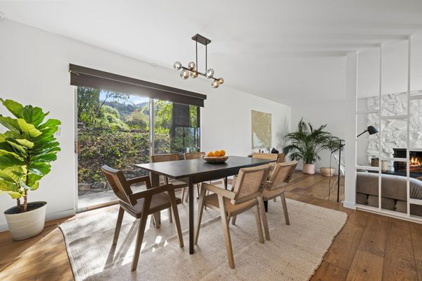 Dining room, Fireplace, Interior, Pendant Lights, Wood Texture Flooring