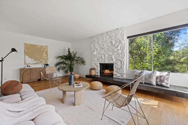 Fireplace, Interior, Living room, Stone Walls, Wood Texture Flooring