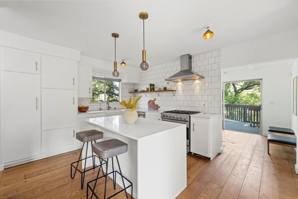 Interior, Kitchen, Pendant Lights, Stainless Steel Appliances, Wood Texture Flooring